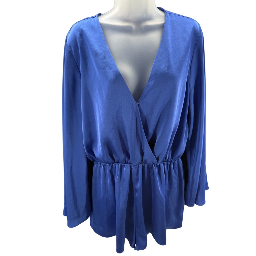 Steve Madden Royal Blue Satin Elastic Waist Long Sleeve Romper Womens Large